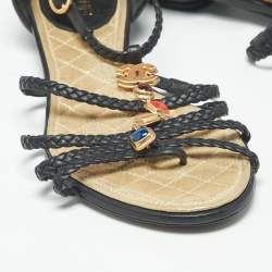 Pre Owned Chanel Black Leather and Woven Leather Strappy Flat Sandals Size 37