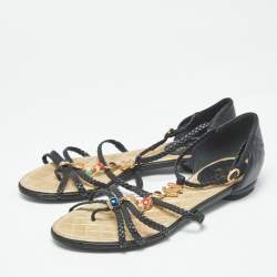 Pre Owned Chanel Black Leather and Woven Leather Strappy Flat Sandals Size 37