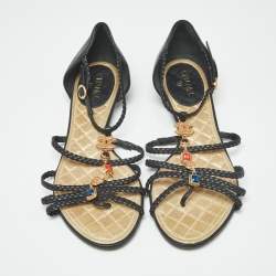 Pre Owned Chanel Black Leather and Woven Leather Strappy Flat Sandals Size 37