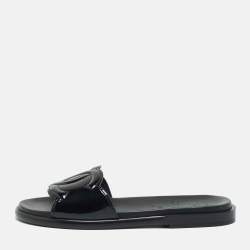 Pre Owned Chanel Black Patent Leather CC Logo Flat Slides Size 36