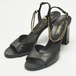 Pre Owned Chanel Black Leather Chain Ankle Strap Sandals Size 39.5