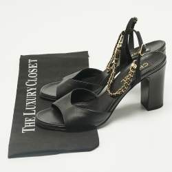 Pre Owned Chanel Black Leather Chain Ankle Strap Sandals Size 39.5