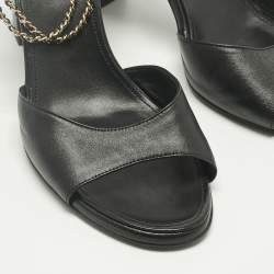 Pre Owned Chanel Black Leather Chain Ankle Strap Sandals Size 39.5
