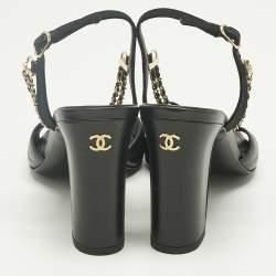 Pre Owned Chanel Black Leather Chain Ankle Strap Sandals Size 39.5