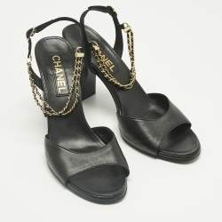 Pre Owned Chanel Black Leather Chain Ankle Strap Sandals Size 39.5