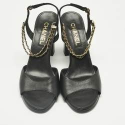 Pre Owned Chanel Black Leather Chain Ankle Strap Sandals Size 39.5