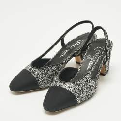 Pre Owned Chanel Black Canvas and Tweed CC Cap Toe Slingback Pumps Size 36