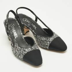 Pre Owned Chanel Black Canvas and Tweed CC Cap Toe Slingback Pumps Size 36