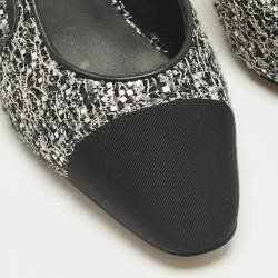 Pre Owned Chanel Black Canvas and Tweed CC Cap Toe Slingback Pumps Size 36