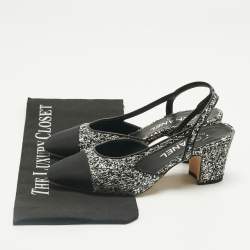 Pre Owned Chanel Black Canvas and Tweed CC Cap Toe Slingback Pumps Size 36