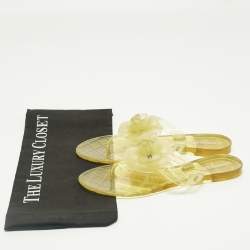 Pre Owned Chanel Yellow Jelly CC Camellia Flat Sandals Size 37
