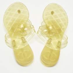 Pre Owned Chanel Yellow Jelly CC Camellia Flat Sandals Size 37