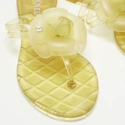 Pre Owned Chanel Yellow Jelly CC Camellia Flat Sandals Size 37
