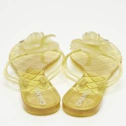 Pre Owned Chanel Yellow Jelly CC Camellia Flat Sandals Size 37