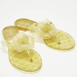 Pre Owned Chanel Yellow Jelly CC Camellia Flat Sandals Size 37