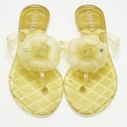Pre Owned Chanel Yellow Jelly CC Camellia Flat Sandals Size 37