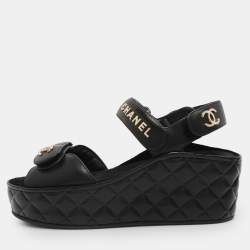Pre Owned Chanel Black Leather CC Wedge Platform Sandals Size 36