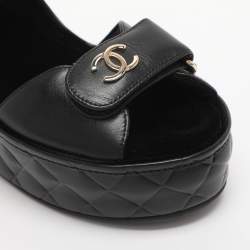 Pre Owned Chanel Black Leather CC Wedge Platform Sandals Size 36
