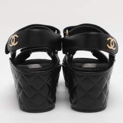 Pre Owned Chanel Black Leather CC Wedge Platform Sandals Size 36