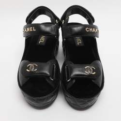 Pre Owned Chanel Black Leather CC Wedge Platform Sandals Size 36