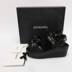 Pre Owned Chanel Black Leather CC Wedge Platform Sandals Size 36