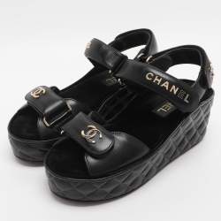 Pre Owned Chanel Black Leather CC Wedge Platform Sandals Size 36