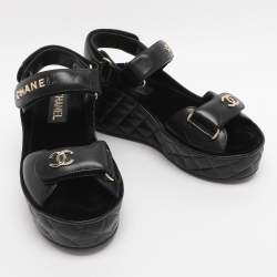 Pre Owned Chanel Black Leather CC Wedge Platform Sandals Size 36