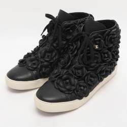 Pre Owned Chanel Black CC Camellia Lace High Top Sneakers Size 40