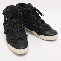 Pre Owned Chanel Black CC Camellia Lace High Top Sneakers Size 40