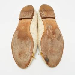 Pre Owned Chanel Gold/Cream  Leather and Tweed CC Ballet Flats Size 38.5