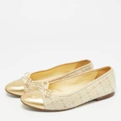 Pre Owned Chanel Gold/Cream  Leather and Tweed CC Ballet Flats Size 38.5