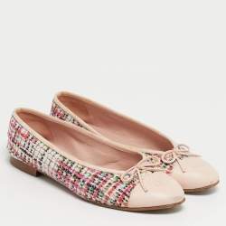 Pre Owned Chanel Multicolor Leather and Tweed CC Cap Toe Ballet Flats Size 39