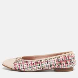 Pre Owned Chanel Multicolor Leather and Tweed CC Cap Toe Ballet Flats Size 39