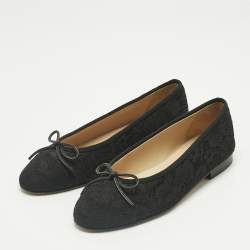 Pre Owned Chanel Black Lace CC Bow Cap Toe Ballet Flats Size 36