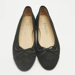 Pre Owned Chanel Black Lace CC Bow Cap Toe Ballet Flats Size 36
