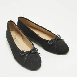 Pre Owned Chanel Black Lace CC Bow Cap Toe Ballet Flats Size 36