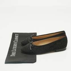 Pre Owned Chanel Black Lace CC Bow Cap Toe Ballet Flats Size 36