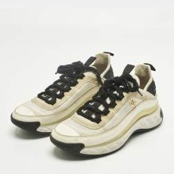 Pre Owned Chanel Grey/White Fabric and Leather CC Lace Up Sneakers Size 36.5