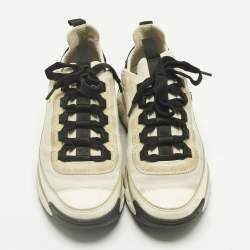 Pre Owned Chanel Grey/White Fabric and Leather CC Lace Up Sneakers Size 36.5