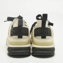 Pre Owned Chanel Grey/White Fabric and Leather CC Lace Up Sneakers Size 36.5