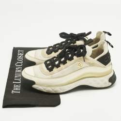 Pre Owned Chanel Grey/White Fabric and Leather CC Lace Up Sneakers Size 36.5