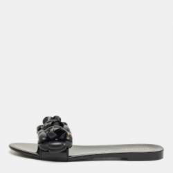 Pre Owned Chanel Black Jelly Flower Embellished Camellia Flat Slides Size 39