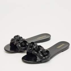 Pre Owned Chanel Black Jelly Flower Embellished Camellia Flat Slides Size 39