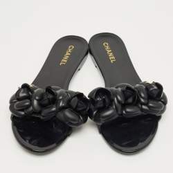 Pre Owned Chanel Black Jelly Flower Embellished Camellia Flat Slides Size 39