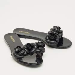 Pre Owned Chanel Black Jelly Flower Embellished Camellia Flat Slides Size 39
