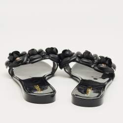 Pre Owned Chanel Black Jelly Flower Embellished Camellia Flat Slides Size 39