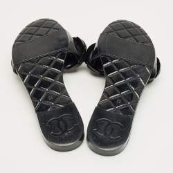 Pre Owned Chanel Black Jelly Flower Embellished Camellia Flat Slides Size 39