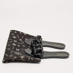 Pre Owned Chanel Black Jelly Flower Embellished Camellia Flat Slides Size 39