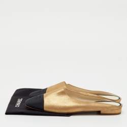 Pre Owned Chanel Gold/Black Metallic Leather and Fabric CC Cap Toe Flat Mules Size 39