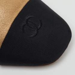Pre Owned Chanel Gold/Black Metallic Leather and Fabric CC Cap Toe Flat Mules Size 39